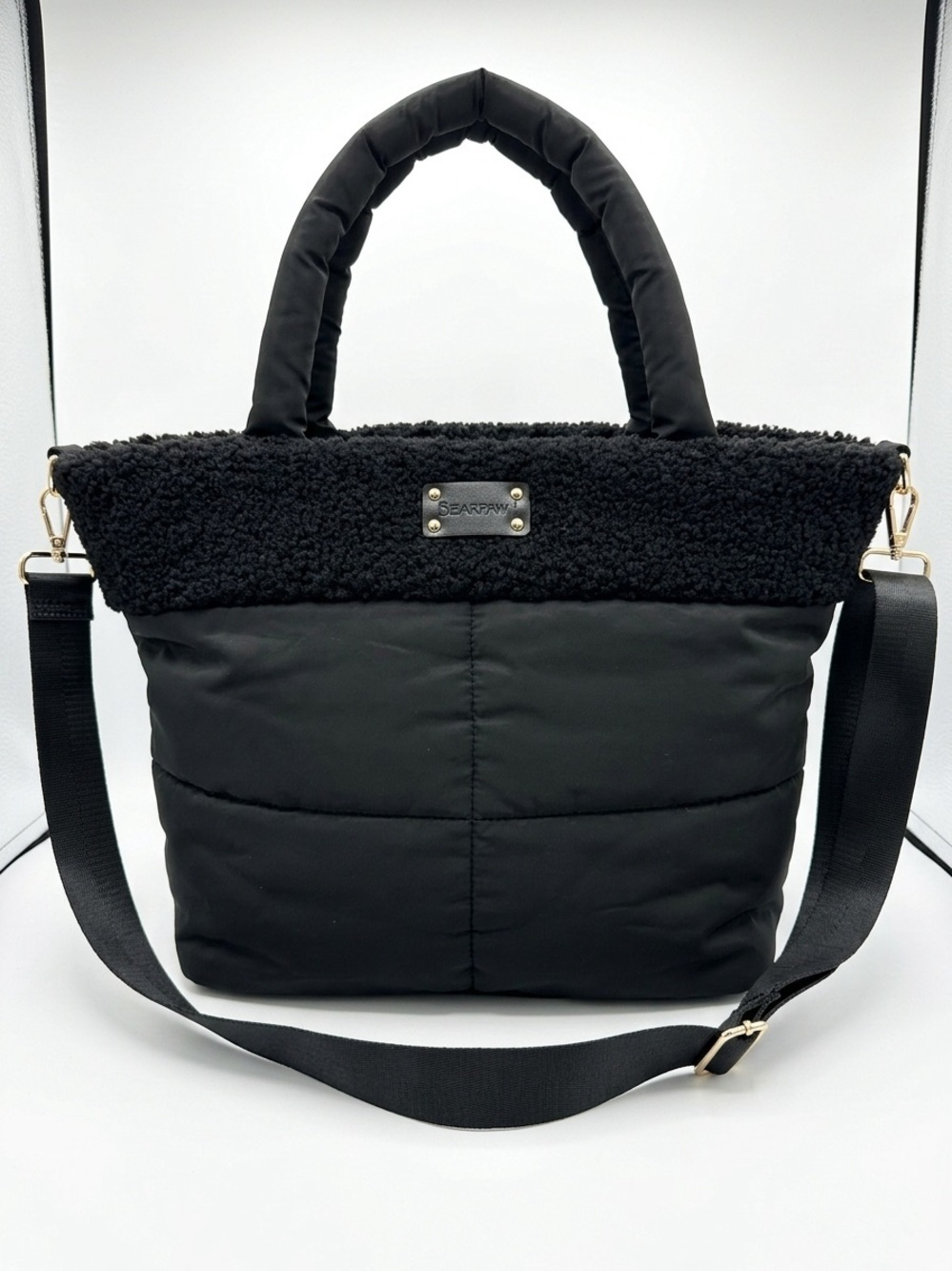 Bearpaw Black Quilted Puffer Tote Bag with Cozy Faux-Shearling Trim